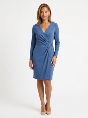 LAUREN Ralph Lauren Blue Matte Ring Surplice Trim Cocktail Dress - Size 14